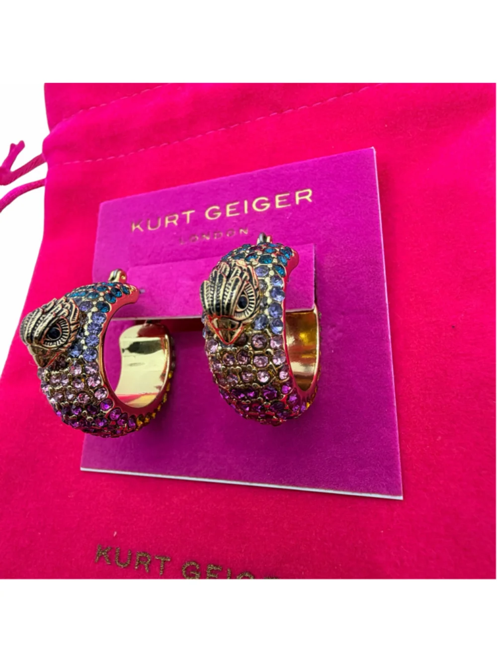 Kurt Geiger London Eagle Hoop Earrings Multicolor Crystal Gold Tone NWT